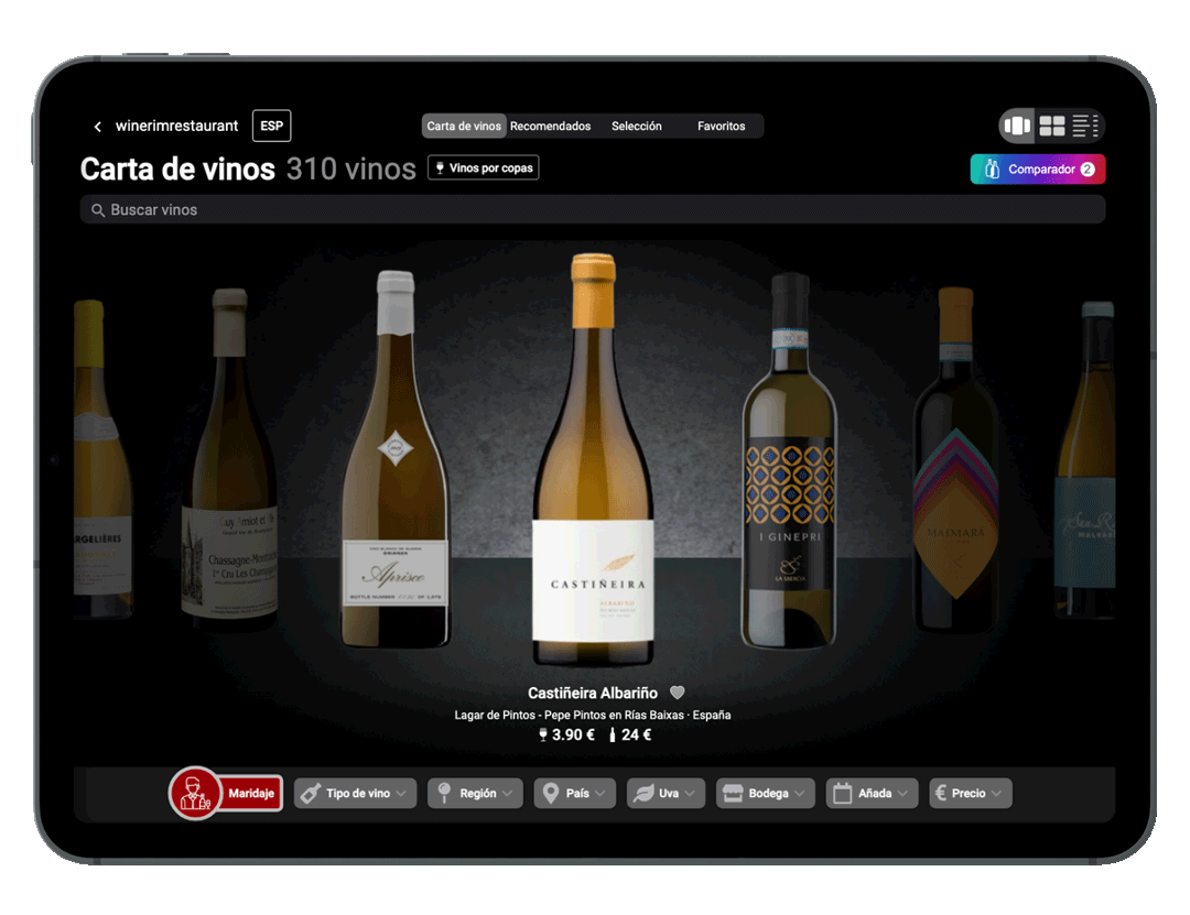 aplicación de Winerim mostrando la carta de vinos